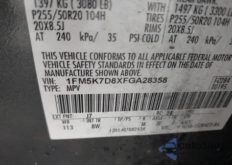 2015 Ford Explorer Xlt z USA, uszkodzony, nr VIN 1FM5K7D8XFGA28358